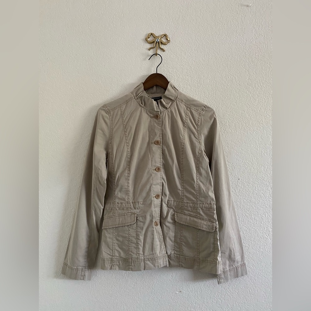 Eileen Fisher Khaki Ruffle Collar Jacket Washed Cotton Tencel Twill Size XS Fall